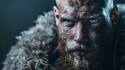 Obraz premium Fierce Viking Warrior with Intense Gaze and Rugged Beard Exuding Untamed Power