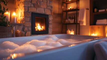 Bathtub with Foam and Fireplace in Serene Bathroom