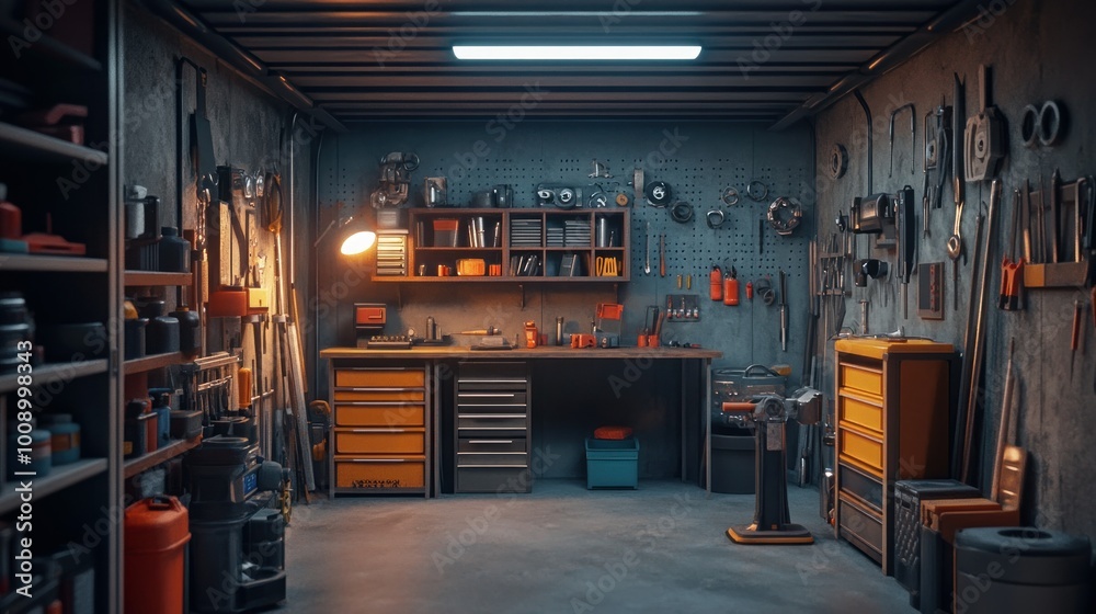 Aufkleber well-organized garage workshop with tools and storage