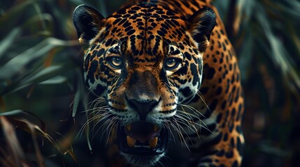 Obraz premium Fierce Jaguar Predator with Glowing Eyes and Snarling Expression Captured in Close up Portrait