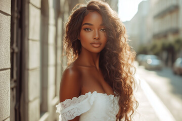 Naklejka premium portrait of a bride in the street with sunset