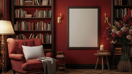 Vertical blank and empty frame on a wall in a dark red living room with bookshelves, an armchair, and flowers.