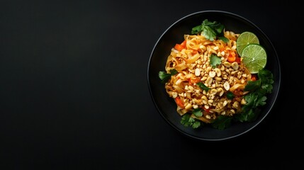 Top view of a serving of pad thai with peanuts and lime, space for copy or branding