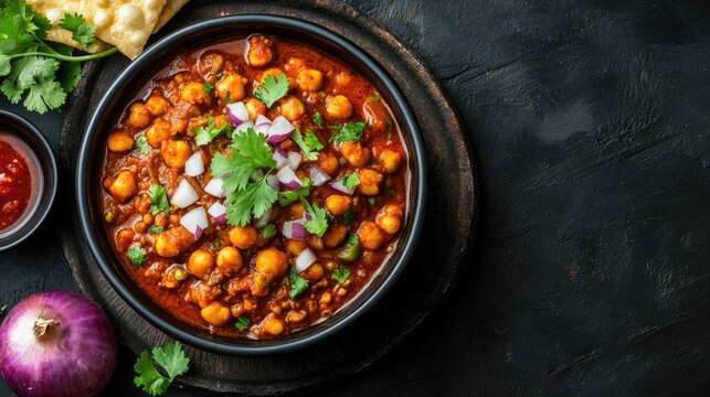 Top view of Indian chole bhature with chutney and onions, ample room for text