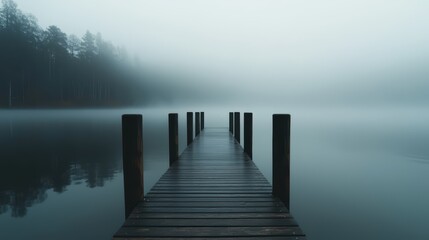 Serene misty pier extending into a tranquil lake