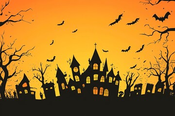 Naklejka premium Halloween background with the frightening bewitched house and various silhouettes of flying bats against a full moon 