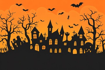 Halloween background with the frightening bewitched house and various silhouettes of flying bats against a full moon
