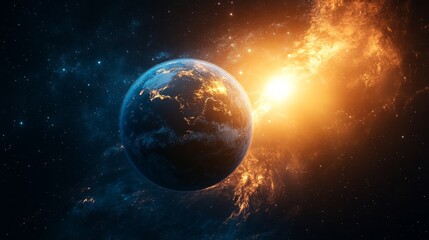 Obraz premium A stunning view of planet Earth from space, bathed in the warm glow of the sun. The Earth is surrounded by a swirling cloud of gas and dust.