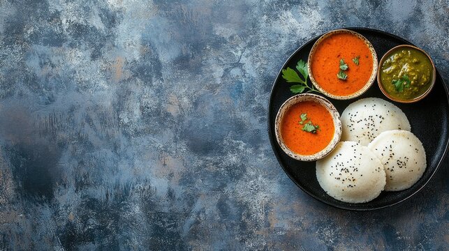 Top view of Indian idli with sambar and chutney, leaving space for text