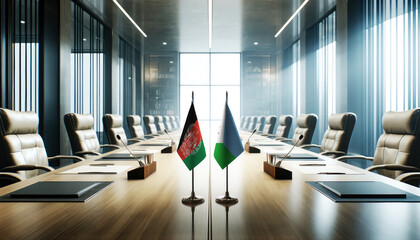 A modern conference room with Afghanistan and Djibouti flags on a long table, symbolizing a bilateral meeting or diplomatic discussions between the two nations.