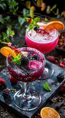 Craft cocktails with fresh ingredients, artistic and inviting, Culinary, Bright hues, Photograph, Mixology