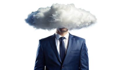 handsome businessman in suit standing confidently with a cloud above him
