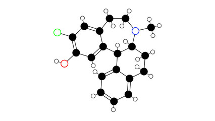 ecopipam molecule, structural chemical formula, ball-and-stick model, isolated image dopamine antagonist