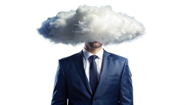 handsome businessman in suit standing confidently with a cloud above him
