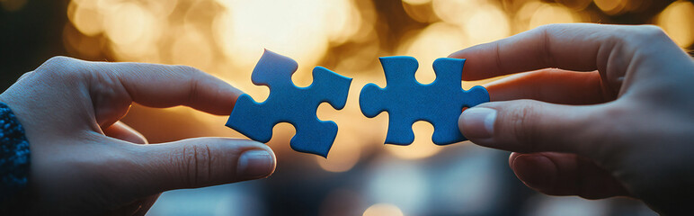 Two hands holding blue puzzle pieces, trying to connect them together, social settings,  copy space. 
