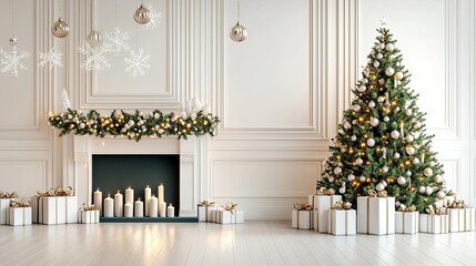 Elegant holiday living room with Christmas tree and gifts, festive decoration.