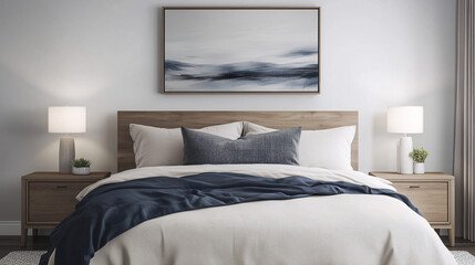 Serene bedroom with a single piece of modern art above the bed, a simple wooden frame, and neutral bedding. No bedside tables or other decor
