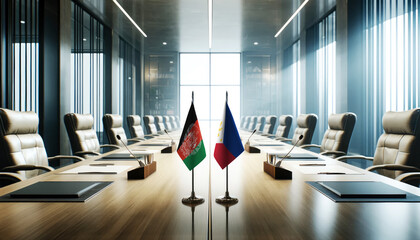 A modern conference room with Afghanistan and Philippines flags on a long table, symbolizing a bilateral meeting or diplomatic discussions between the two nations.