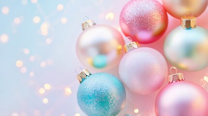 Fototapeta premium Christmas pastel colors background, gift box and sparkling tree on a festive background. Classic Christmas composition with fir branches, baubles.