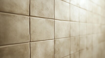 Naklejka premium Close-up of beige ceramic tiles creating a textured wall, perfect for backgrounds in home interior themes.