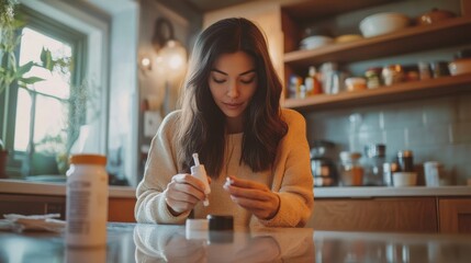 A woman sitting at her kitchen table, pricking her finger with a lancet to test her blood sugar levels at home, demonstrating diabetes testing in a familiar setting.