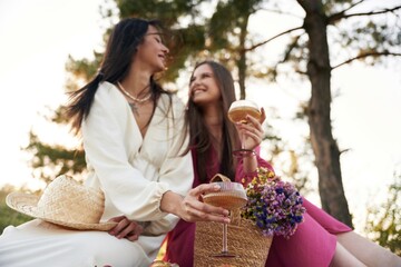 Lesbian couple is together on the picnic in nature