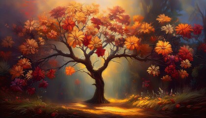 Painting by oil paint Vintage Fall Floral paint Dark Autumn Flower Painting Moody Botanical Fall Decor beautiful tree in the garden