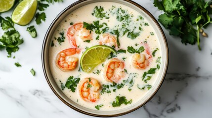 Top view of Thai coconut shrimp soup with lime and herbs, ample space for text