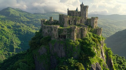 Ancient stone castle on a hill, with lush greenery surrounding it