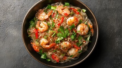 Top view of Thai glass noodle salad with shrimp and herbs, space for copy