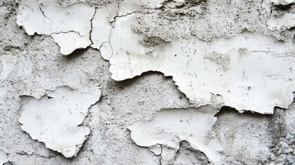Obraz premium Textured wall with peeling white plaster, showcasing age and wear, ideal for backgrounds or design projects.