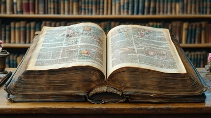 Open Antique Book on a Wooden Table in a Library