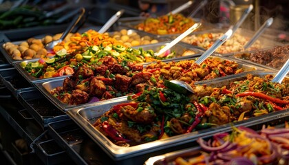 Fototapeta premium Food festival with diverse cuisines, vibrant and lively, Urban, Bright hues, Photograph, Culinary celebration