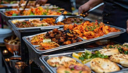 Food festival with diverse cuisines, vibrant and lively, Urban, Bright hues, Photograph, Culinary celebration