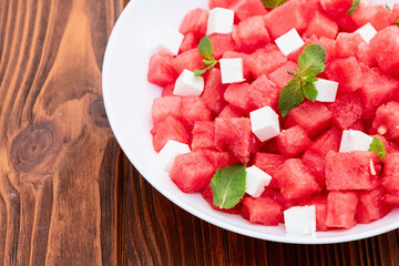 Summer watermelon salad with feta cheese and mint