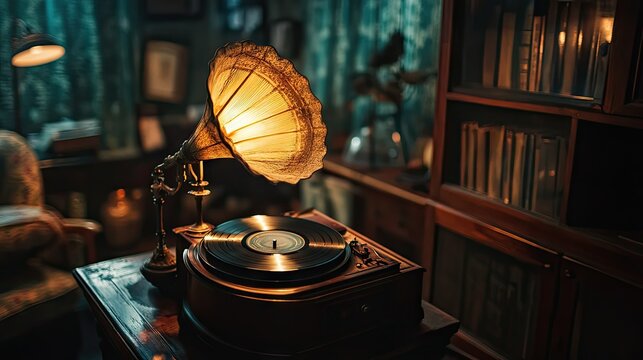 A gramophone playing an old record in a cozy, dimly lit room, with the soft glow of a lamp illuminating the vintage setup.