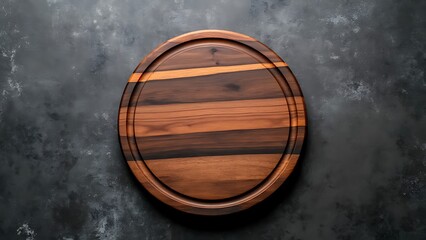 Fototapeta premium On black table, circular wooden tray or cutting board. Top view of barren kitchen with saw-cut imitation trendy rustic wooden tray. Background of food and menu items.