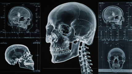 A close-up view of a human skull, showcasing the intricate details of its bones and teeth. The image is rendered in black and white, creating a dramatic and striking effect.