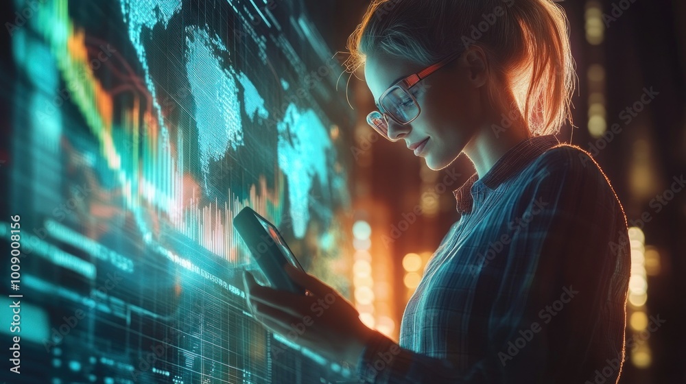 Poster woman analyzing data with global map and charts