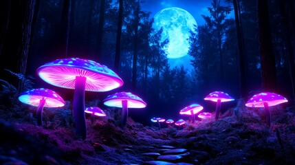 Glowing Mushrooms In A Night Forest With Full Moon