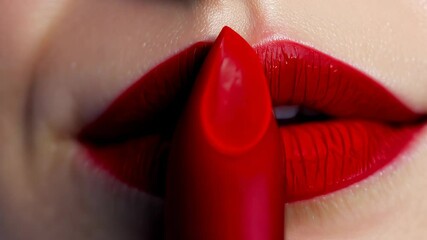 A close-up of vibrant red lipstick on full lips, with the lipstick bullet hovering above. blurred background highlights the striking color, ideal for beauty themes and promotions.