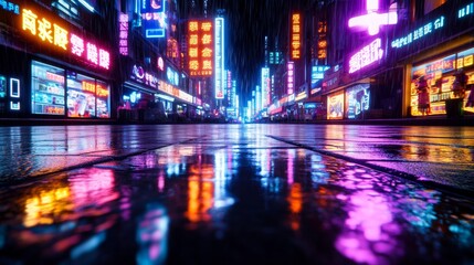 Neon City Street Rain Reflections   Urban Night Photography