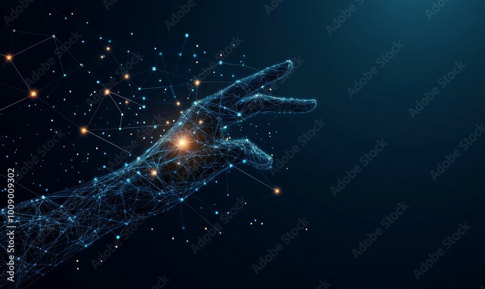 Wall mural close up shot of a hand touching a digital neural network with high technology, modern science, crea