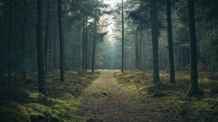 Obraz premium A path through a dense and misty evergreen forest