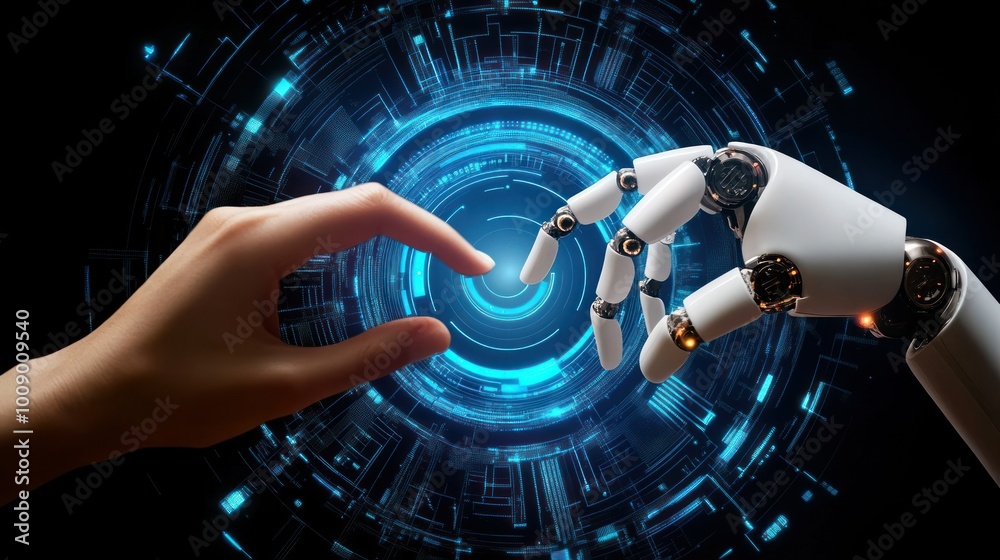 Poster human and robotic hands reaching toward each other in front of a digital interface