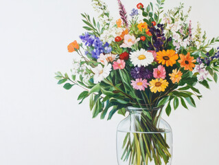 Naklejka premium Colorful Bouquet of Wildflowers in a Glass Vase