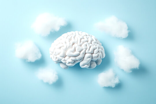 human brain with white clouds