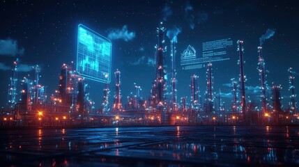Fototapeta premium An oil and gas refinery featuring a power plant, storage tanks, and a holographic HUD that shows infrastructure information and price trends as a broad banner.