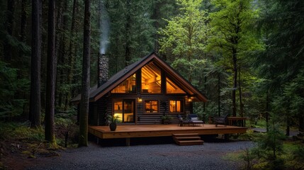 Cozy cabin nestled in a lush forest setting