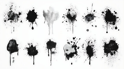 Fototapeta premium Collection of small black ink splats on full white background background